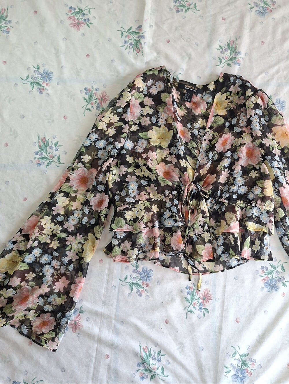 Romantic Whimsigoth Forever 21 Floral Tie-Front Ruffle Blouse